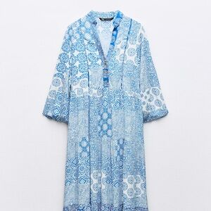 Zara Blue and White Patterned Long Dress